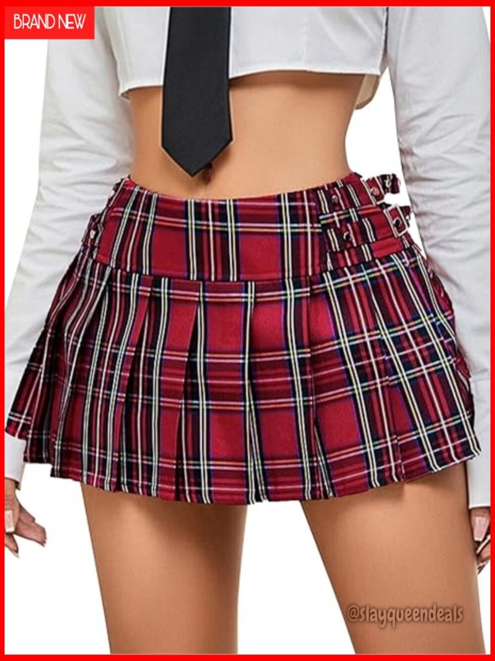 Pleated Mini Skirt Low Rise A-Line Tartan Adjustable Buckles Preppy